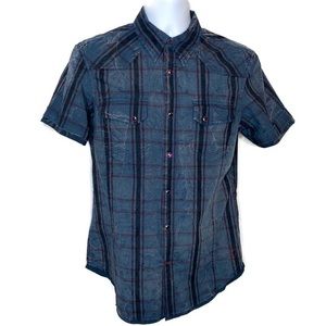 Vintage Guess Dark Blue Plaid Snap Down Small